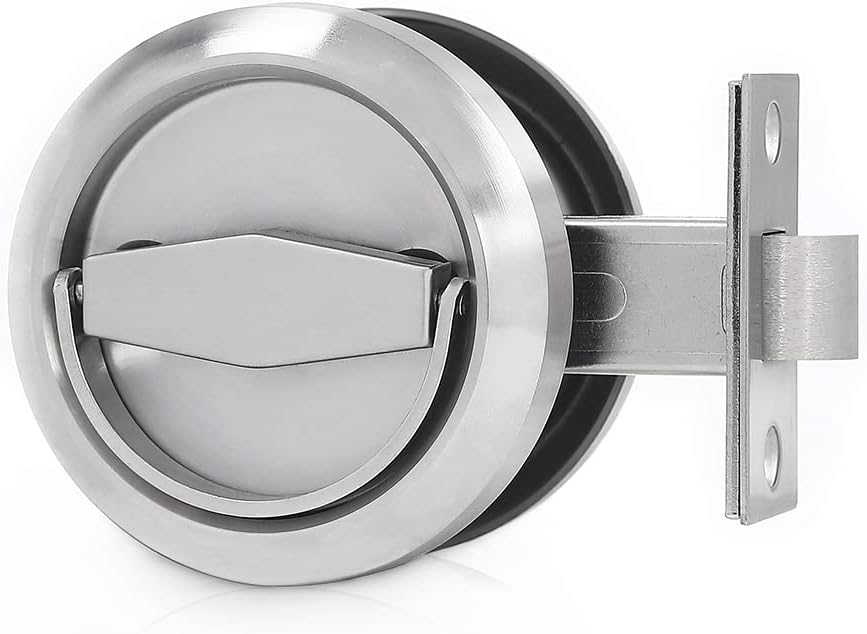 NAIERDI304 Stainless Steel Keyless Pocket Door Lock Corridor Sliding Door Lock Hidden Recessed Cup Install Door Handles Door Pulls Brushed Silver Door Hardware