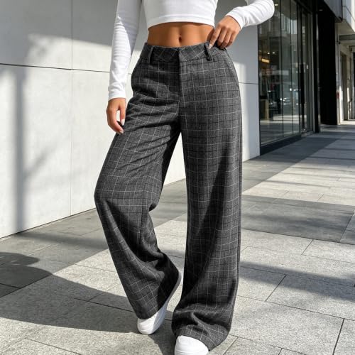 Womens Plaid Straight Leg Pants High Waist Pocket Checked Casual Trousers - image 2