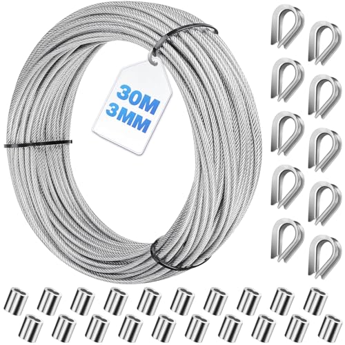 Bridokit 3mm Edelstahl Stahlseil Ummantelt Kit 30m Drahtseil Rankhilfe Spanndraht mit 20 Aluminium-Crimpschlaufenhülsen und 10 Stahlkauschen zum Aufhängen Bündeln Garten-Draht für Kletterpflanzen