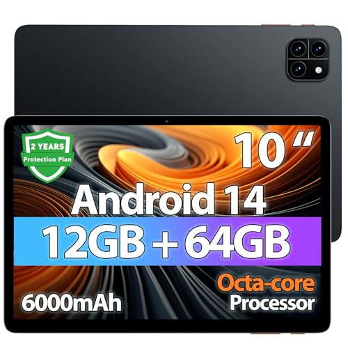10-inch Android 14 Tablet, 12GB RAM, 64GB Storage, WiFi 6, Black