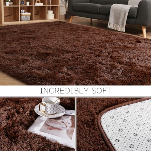 HOMORE Brown Living Room Rug, 4x6 Feet Fluffy Area Rug Modern Shag Rugs for Bedroom Dorm Super Soft and Comfy Carpet, Cute Carpets for Kids Nursery Girls Home Decor