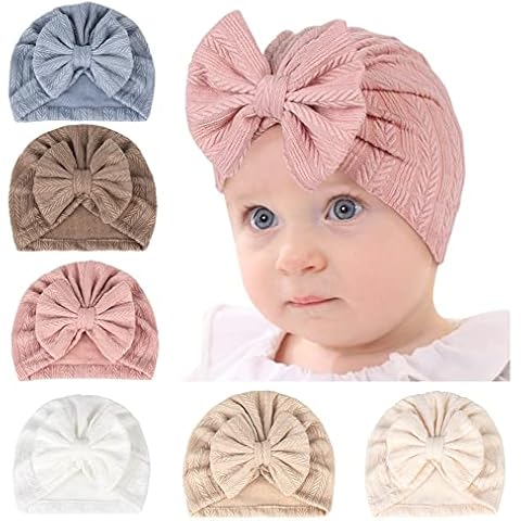 QandSweet 0-24 Months Newborn Girls' Hats Cotton and Linen Cap Infant Big Bow Hat Baby Shower (6 Pack) Cover
