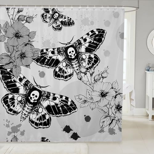 Image of Death Moth Bath Curtain Floral Print Shower Curtain For Kids Children Teens Gothic Skull Cloth Fabric Bathroom Decor Skeleton Bones Shower Curtain with Hooks Retro Vintage Bedroom Decor 72x72 Inch