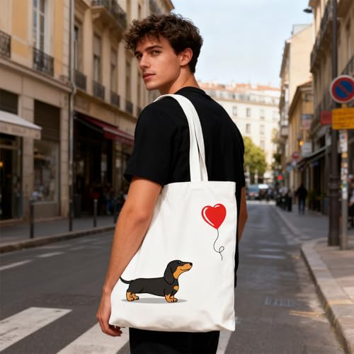 Snyvpra Dackel Tasche, Herzballon Dackel Motiv Stofftasche Mit Hohem Fassungsvermögen, Wiederverwendbare Einkaufstasche Perfekt Für Dackel Geschenke, Alltagsgebrauch, Einkaufen Und Mehr