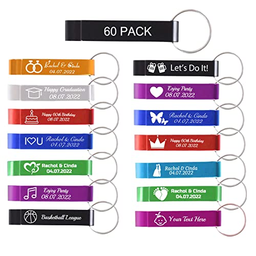 60Pcs Custom Bottle Opener Bulk Personalized Bottle Opener Keychain with Logo Text Engraved Customized Wedding Party Favors Baby Shower Gifts for Guests