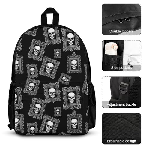 AMRANDOM Backpack for Women Men 3Pcs Backpack with Lunch Box Black Skull Vintage Bookbag3