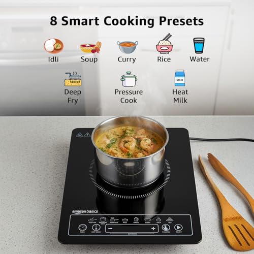 Image of Amazon Basics 2200W Induction Cooktop | 8 Pre-Set Cooking Menus | LED Digital Display | Touch Panel I Energy Efficient, Auto Cut-off, 25A IGBT & 4KV Surge Protection I Smart Pan Sensor I Black