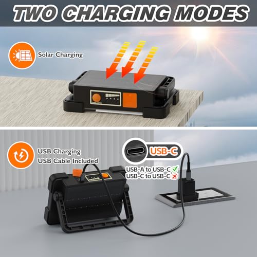 Image of 120W Solar Rechargeable Work Light, 144 LED 10000LM Led Work Light with 4 Modes, Portable Flood Light with Stand, IP66 Waterproof Outdoor Working Light for Emergency Mechanic Camping Repair (Black)