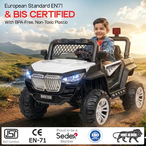 Image of Toyzone Buster Electric Jeep (White) | 12V Rechargeable Ride on with 8Ah Battery | Music Player with BT, USB & AUX | Smooth Acceleration | 6M Battery Warranty | Age 3-12 Years, Upto 50 kg