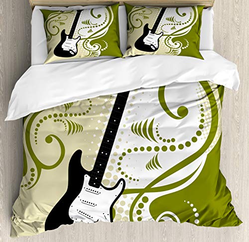 ABAKUHAUS Música Funda Nórdica, Guitarra Baja eléctrica, Decorativo 3 Piezas con 2 Fundas de Almohada, 230 x 220 cm - 70 x 50 cm, Oliva Verde Negro Blanco
