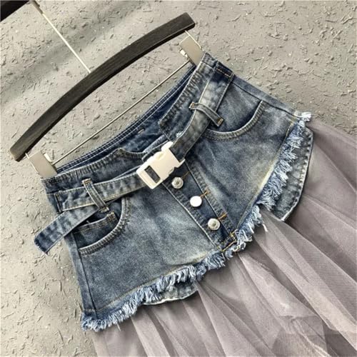 Women’S High Waist Denim Mini Skirt Irregular Mesh Patchwork Tassel Detail Club Party Short Jean Bottoms3