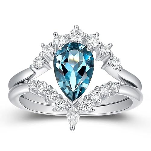 Bridal Wedding Rings Set for Women 1.50CT Natural London Blue Topaz Art Deco 925 Sterling Silver Engagement Promise Ring for Her Size 4-9