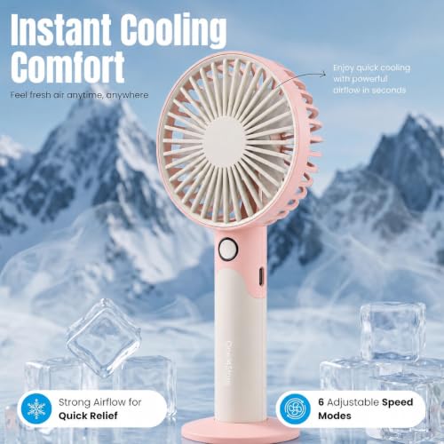 Image of One94Store Mini Handheld Fan, USB Rechargeable Fan with 1800mAh Battery, 6-Speed Cooling for Home Office Travel, Pink & Grey