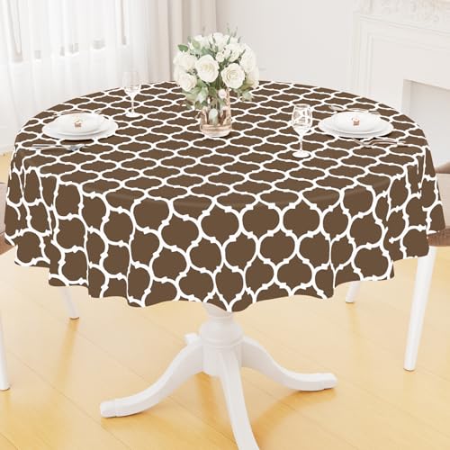 Image of Smiry Round Table Cloth, Flannel Backed Vinyl Tablecloth, 60 inch Round | Waterproof Plastic Tablecloths, Wipeable Table Cover for Dining, Indoor and Outdoor (Brown)