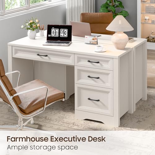 Image of Vabches Farmhouse Executive Desk with Storage and Ample File Drawer, Rustic Large Home Writing Desk for Bedroom, Pure White