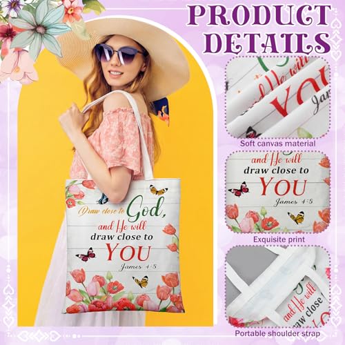 Image of Paterr 12 Pcs Christian Bible Canvas Tote Bags Bulk for Women, Reusable Religious Back to School Gift Bags with Handles, Inspirational Bible Verse Floral Canvas Handbags for Teacher Church Party Gifts
