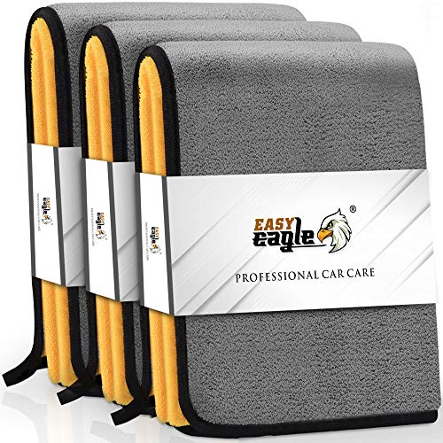 EASY EAGLE Toalla Secado Coche 1200GSM, 38x45CM Bayetas de Limpieza de Microfibra, Paños Versátiles Grises y Amarillos (Borde Negro), 3 Piezas