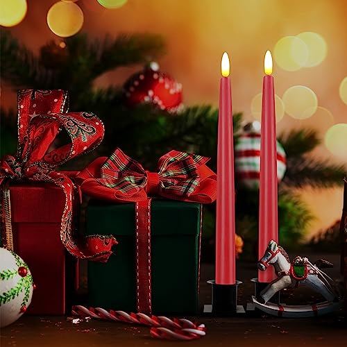 Image of CVHOMEDECO. Flameless Taper Candles with 10-Key Remote, Battery Operated Led Flickering 3D Wick Window Candles Real Wax Finished Home Christmas Party Decor 0.78 x 11 Inch, Pack of 2 Red
