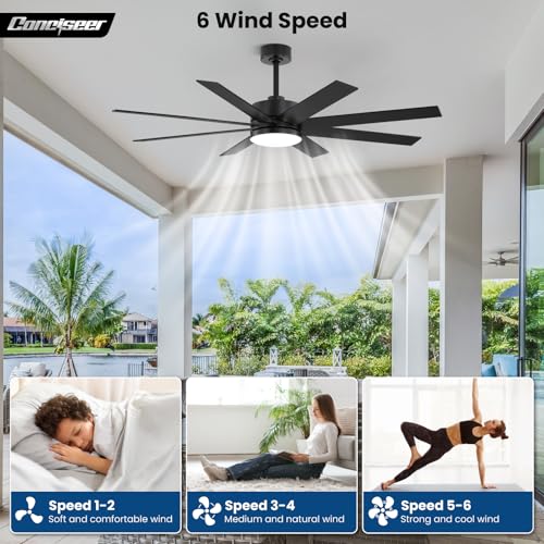 Image of 60 Inch Ceiling Fans with Lights and Remote, Dual Color 6 Blades, Bedroom Living Room Office Library Cafe Outdoor Industrial, 3CCT Dimmable, 6 Speed Reversible Quiet DC Motor, Black /Wood Grain