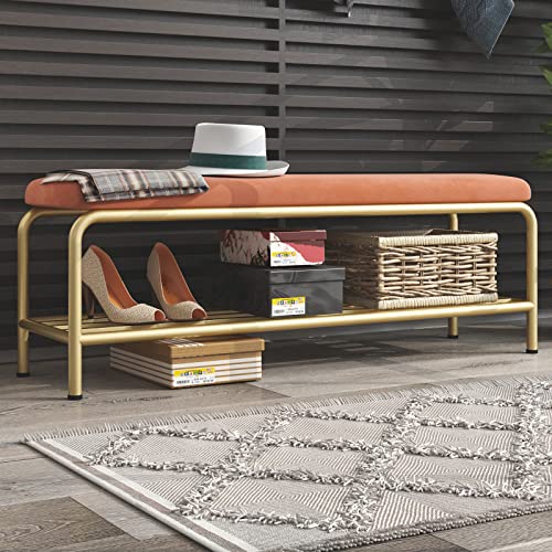 Banc de rangement velours orange pour optimiser une entrée encombrée de chaussures - 2
