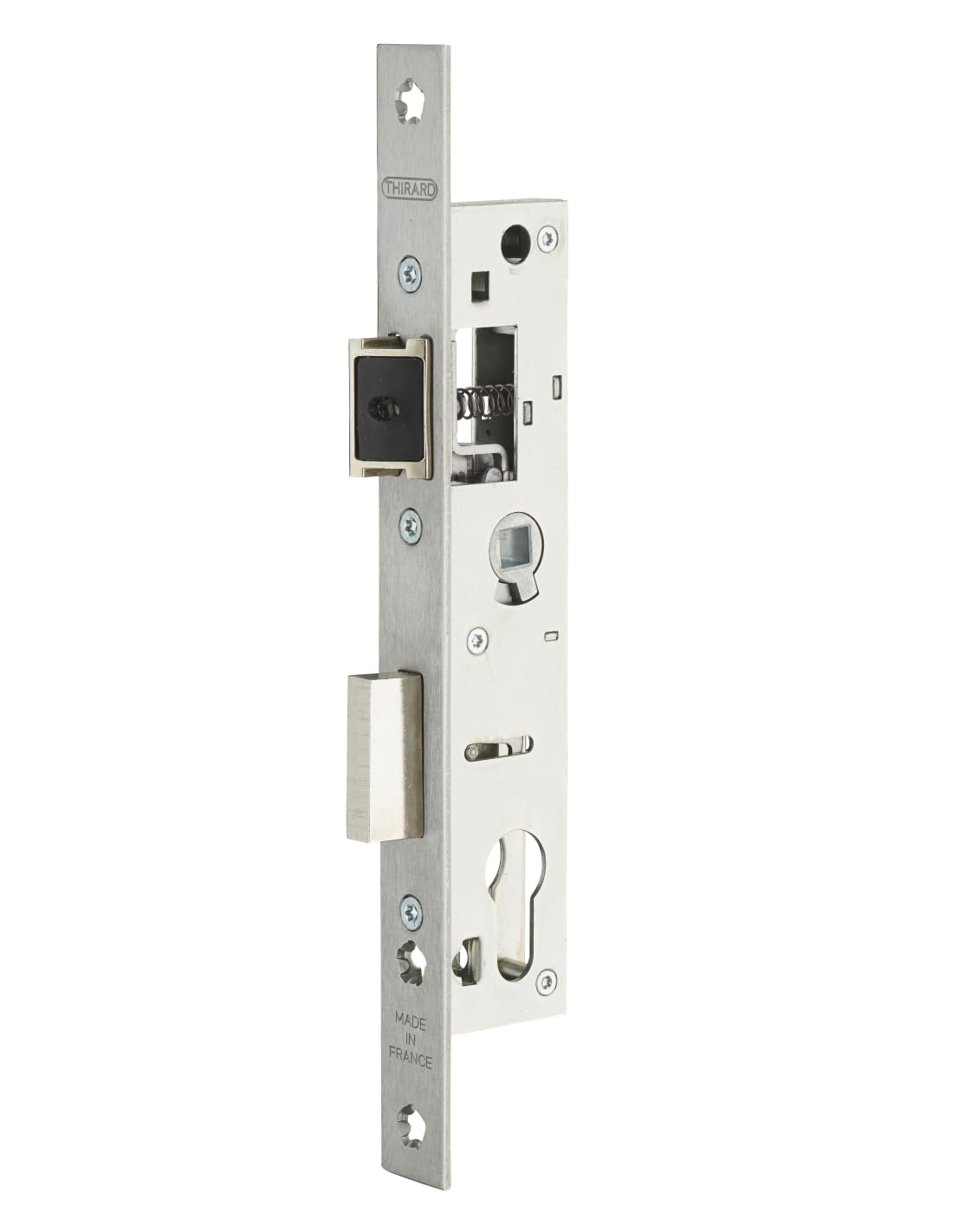 Boitier de Serrure Encastrable, Cylindre pour Porte Métallique, Axe 21 mm, Entraxe 92 mm, Bouts Carrés, Sécurité Optimale, Installation Facile, Demi-​Tour Réversible, Acier Inoxydable, THIRARD