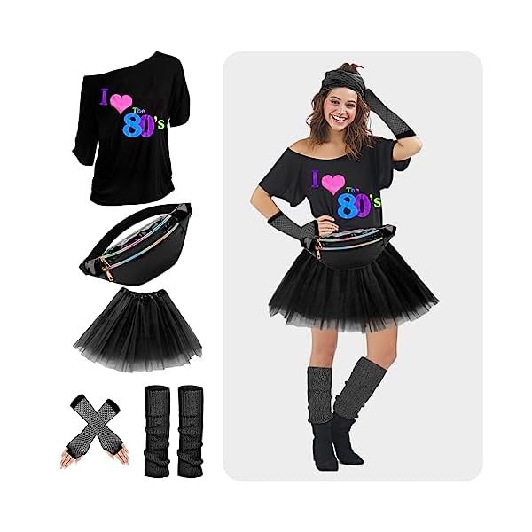 Wildparty 80s costume accessories for women, t-shirt tutu fanny pack headband earring necklace fishnet gloves legwarmers - image 6