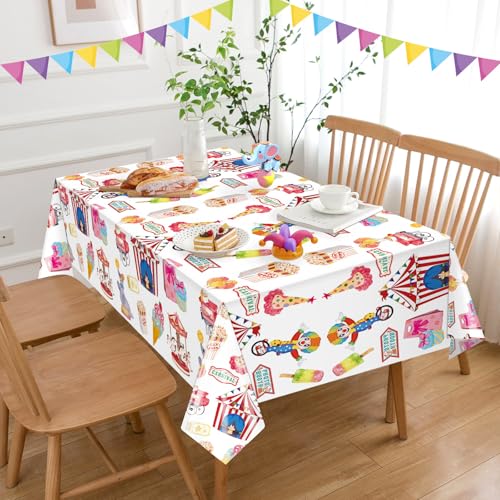 Image of Hxezoc 54 x 108 Inch Circus Party Tablecloths Disposable Plastic Carnival Table Cover for Carnival Birthday Party Decorations Outdoor Indoor Supplies