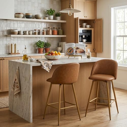 Homy Casa Set de 2 Butacos de Altura para Barra, Giro 360°, Asiento Tapizado en Poliuretano Marrón con Patas Metálicas Estilo Madera de Nogal – Ideal para Cocina, Comedor y Bar – Altura del Asiento 26 pulgadas