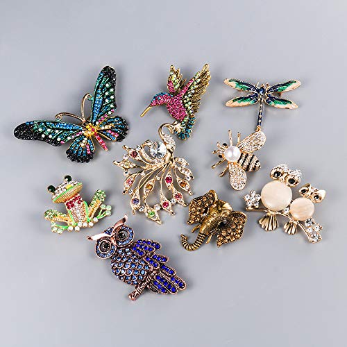Owl Hummingbird Butterfly Dragonfly Peacock Frog Bee Zoo World Kingdom Crystal Brooch Pin for Women Girls Overcoat Sweater Decoration Jewelry-C owl3