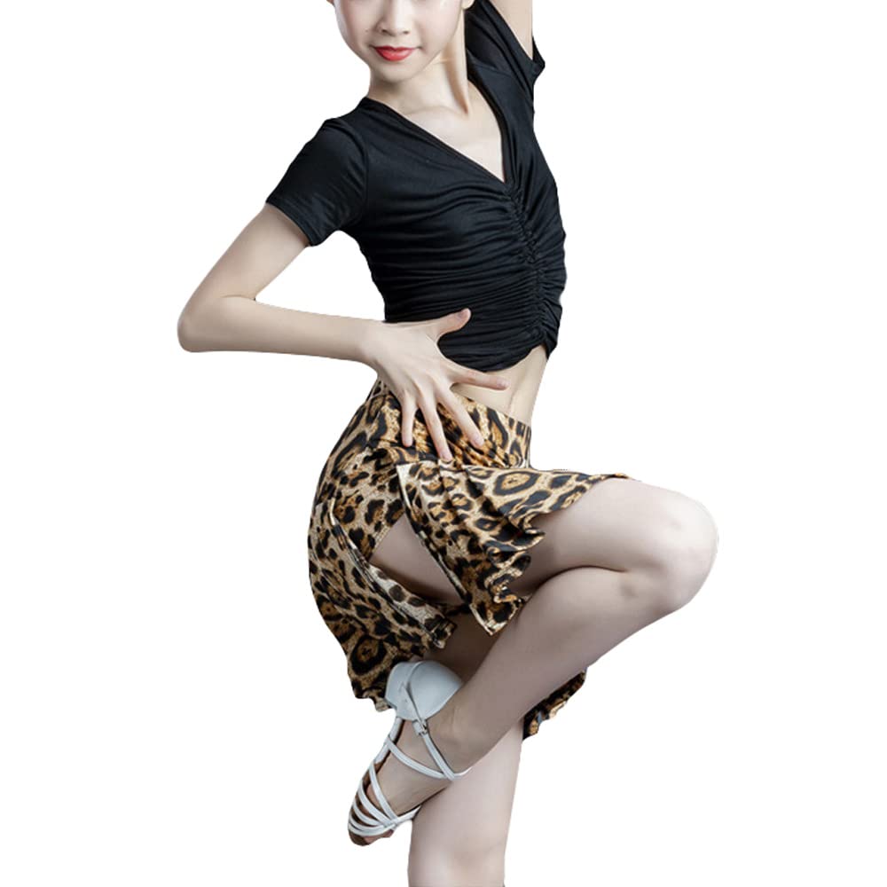 Latin Dance Dress for Girls V-Neck Short Sleeves Top and Leopard Print Skirt Ballroom Dancing Outfit (8-9 Years)