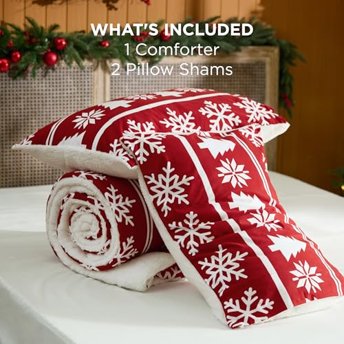Image of Bedsure Fluffy Christmas Comforter Set King - Christmas Reversible Sherpa Fleece Bedding, Red Warm Bed Sets for Winter, 3 Pieces, 1 Soft Plush Shaggy Comforter with 2 Pillowcases