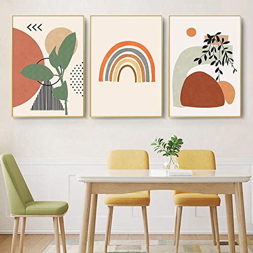 Moderne Abstrakte Geometrische Boho-Stil Blätter Regenbogen Leinwand Bilder Poster Wandkunst Bilder Schlafzimmer Inneneinrichtung Leinwand Bilder 50x70cm x3 Rahmenlos Cover