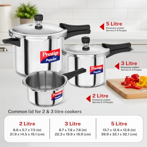 Image of Prestige Popular Stainless Steel Outer Lid Pressure Cooker Combo Pack (2+3+5 Litres)