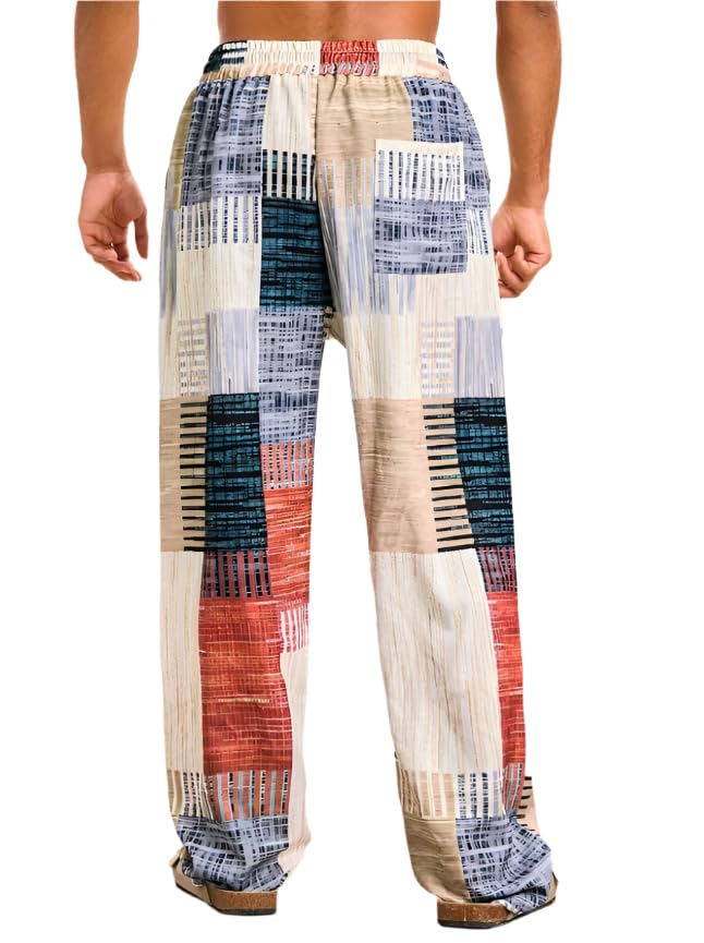Men's Multicolor Patchwork Drawstring Waist Straight Leg Pants β Loose Fit Woven Trousers, Pockets, Boho-Inspired Design2