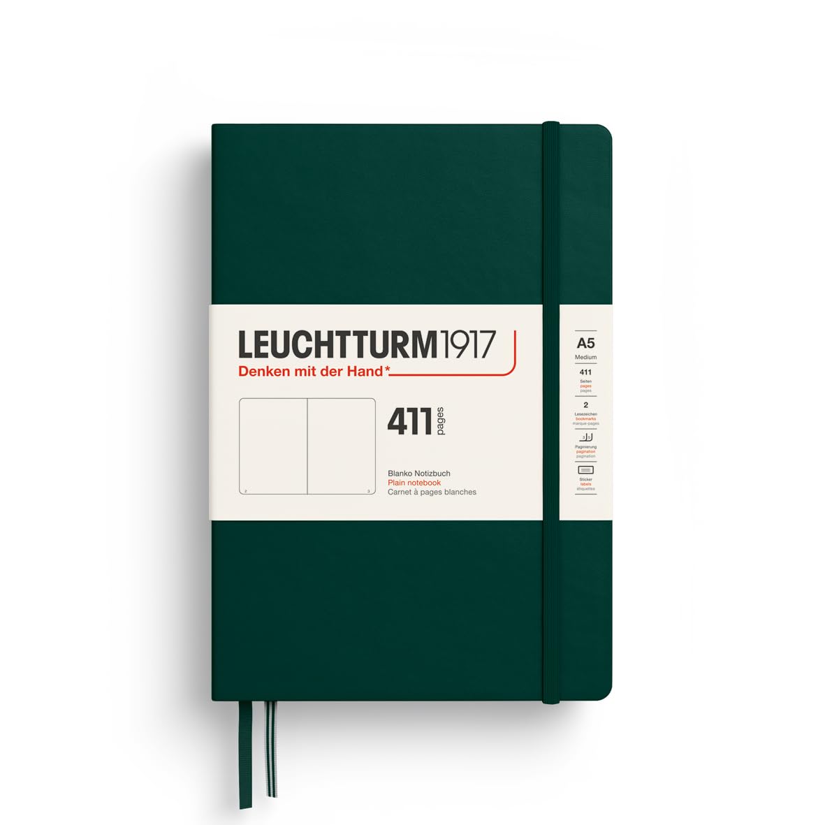372927 Notebook 411 Medium (A5), Hardcover, 411 Numbered Pages, Forest Green, Plain, More Thoughts, More Ideas, More Memories, More Pages