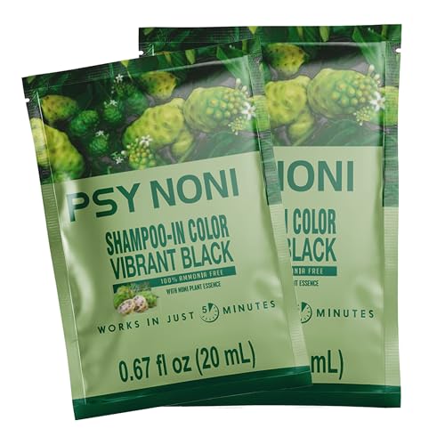 PSY NONI Black Hair Color Shampoo (0.67 fl oz, 1 Sachet) | Semi-Permanent Real Black Dye | Noni Fruit Infused | Fast 5-Minute Ammonia-Free Coloring