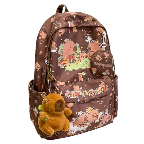 Capibara Capybara Backpack, Cute Cartoon Fashionable Print Large Capacity School Bags with Doll and Coin Purse (Brown)
