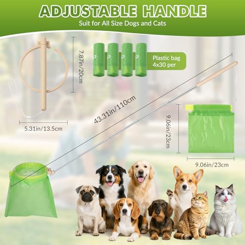 Image of Dog Pooper Scooper, 43 inch Extendable Pooper Scooper Long Handle with 120 Bags | Portable Poop Scoop for Small Medium Large Dogs, No Touch, Stainless Steel, Lightweight, Foldable, Suit Yard, Park,Wild,City
