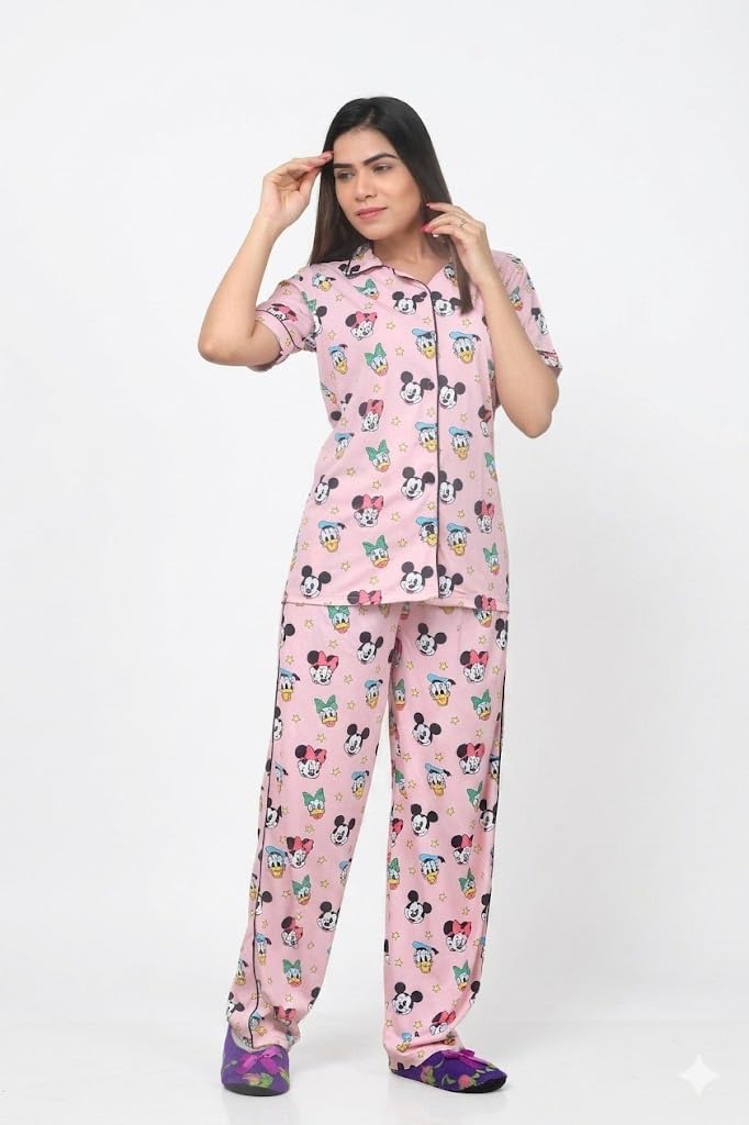 Women Cotton Printed Night Suit Set, Half Sleeve Button Down Top & Full Length Pants, Loungewear Sleepwear-image-21