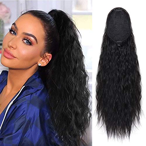 22 Inch Long Water Wave Ponytail Synthetic Fiber Corn Wave Ponytails Hair Piece Drawstring Curly Wavy Pony Tail Clip in Hair Extensions for Women (#1B)