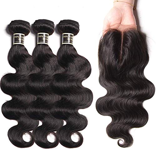 Brazilian Body Wave Virgin Hair 3 Bundles With Lace Closure, 100% Unprocessed 8A Human Hair Body Wave Bundles Natural Color 100g/PC(16 18 20 with 14 Free Part)