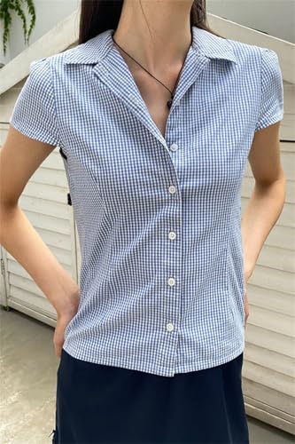 Image of Y2k Girls Vintage Coquette Button Down Shirt Women Short Sleeve V-Neck Slim Fitted T-Shirt Cute Blouse Crop Top