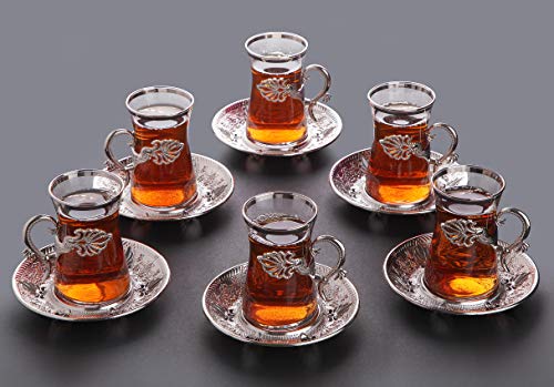 Lamodahome Turkish Arabic Tea Glasses Afternoon Tea Lovers Teacup Set Of 6 With Silver Color Holders And Saucers - Fancy Vintage Handmade Set, Gift, Teatime #TOP5