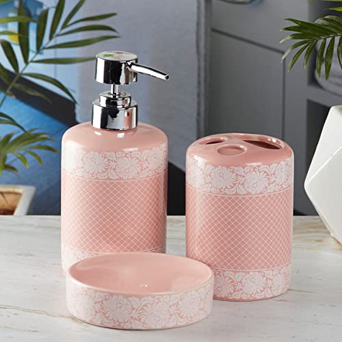 Image of SaSaSa Ceramic Bathroom Set of 3 Modern Bath Accessories Kit with Soap Dispenser, Toothbrush Holder & Dish - Stylish & Elegant Bathroom Decor, Pink (5763)
