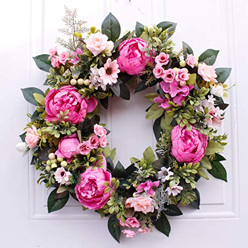 Wreath - 24” Peony: Large Rustic Farmhouse Decorative Artificial Flower Wreath, Faux Floral Wreath For Front Door Window Wedding Outdoor Indoor - Round, Pinkoor - Round, Pink & Blue #TOP14