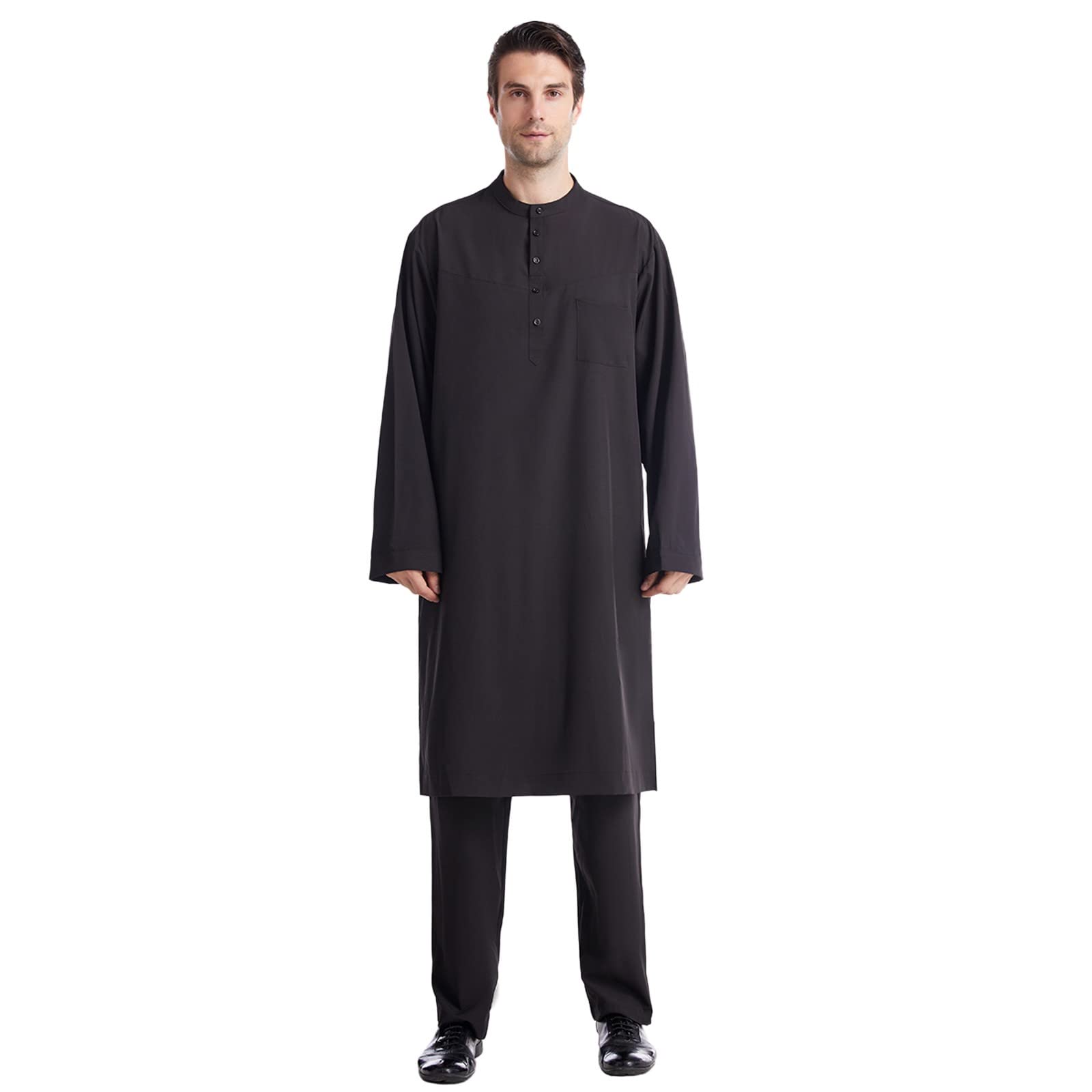 Męska piżama kurta, islamski strój z długim rękawem, jednokolorowy design i kieszeń na piersi, tradycyjna muzułmańska odzież z pasującymi spodniami, idealna do modlitwy, ramadanu, Eid, codziennego
