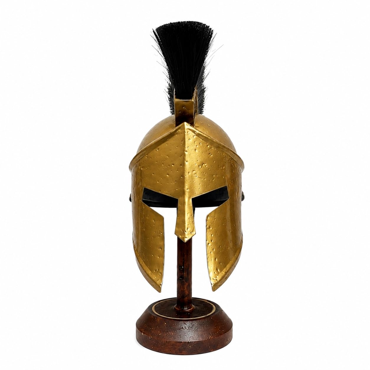 Mini 300 Medieval Spartan Armor Helmet, Antique Gold Finish, Black Plume Crest, Decorative Display Stand Included-image-1