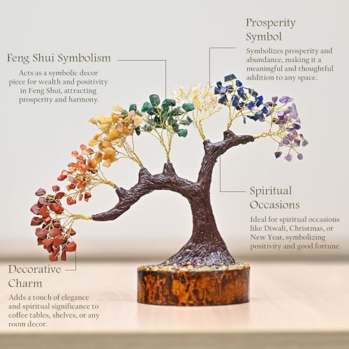 Image of Seven Chakra Crystal Tree for Positive Energy and Home Decor - Handmade Feng Shui Bonsai Tree with Natural Gemstones on Wooden Base - Healing and Meditation
