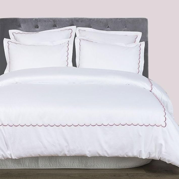 3-Piece Bends Cotton Sateen Duvet Cover Set (78x88 inches) - Full Size, White with Bubblegum Pink Embroidered Edge - Zip Closure, 4 Corner Ties, Pre-Washed Fabric