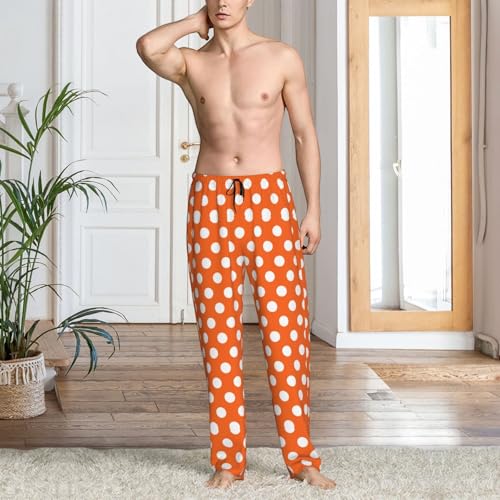 Mens Pajama Pants - Orange Polka Dot Print Soft Sleep Lounge Pants For Men, Casual Pj Bottoms With Pockets2